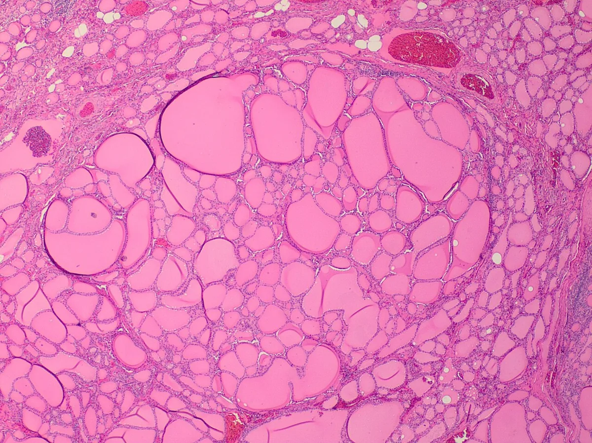 Goiter and thyroid nodules (goitre) – Histology in nodular goiter (H&E): hyperplastic nodule of variably sized follicles without a capsule