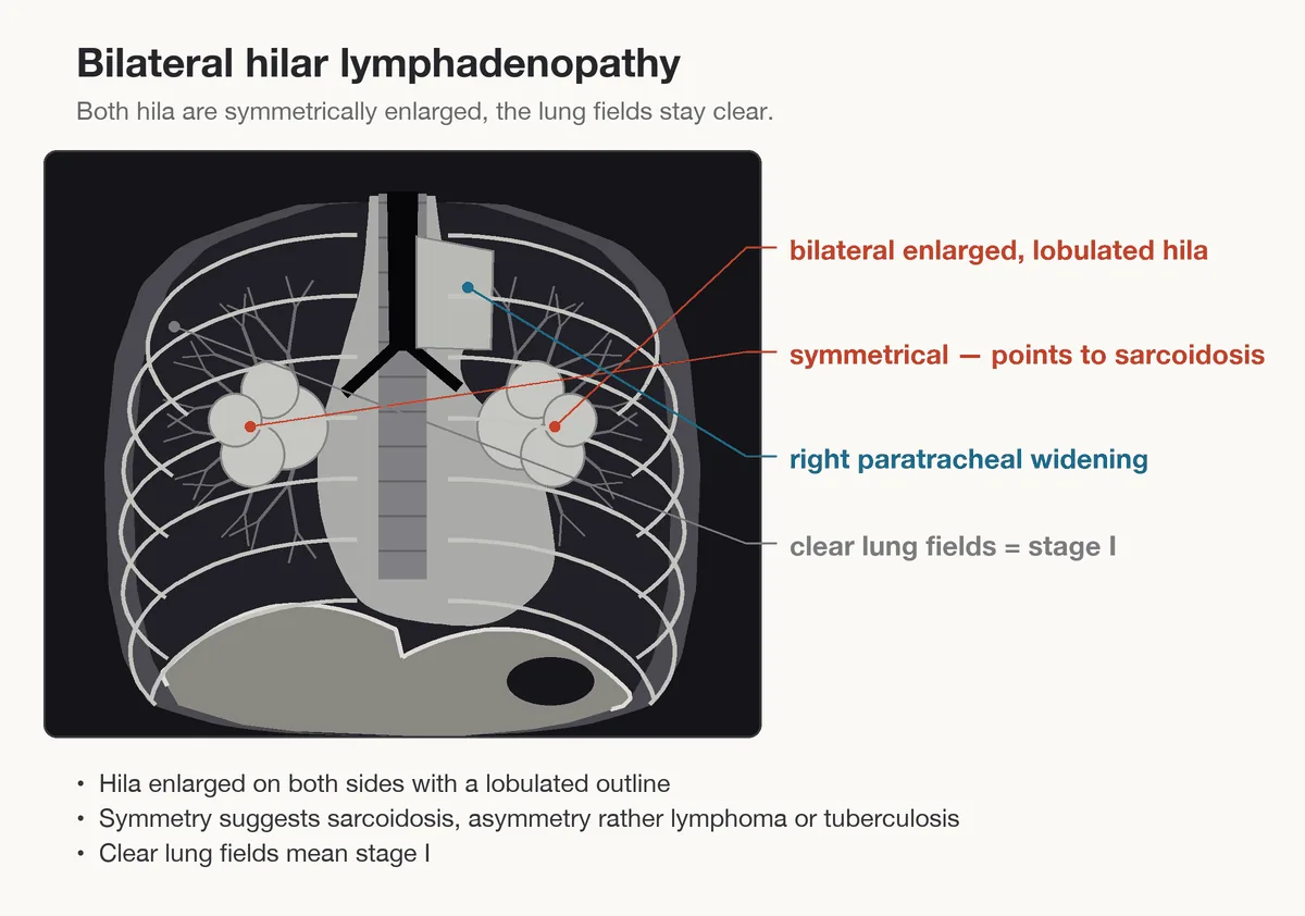 Sarcoidosis – diagram: Diagram: bilateral hilar lymphadenopathy (stage I)