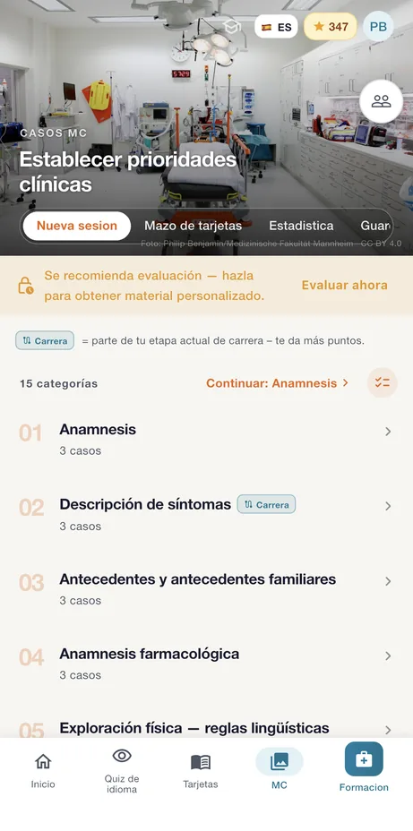 Mga kaso ayon sa paksa, mula anamnesis hanggang eksaminasyon – dito sa Espanyol.