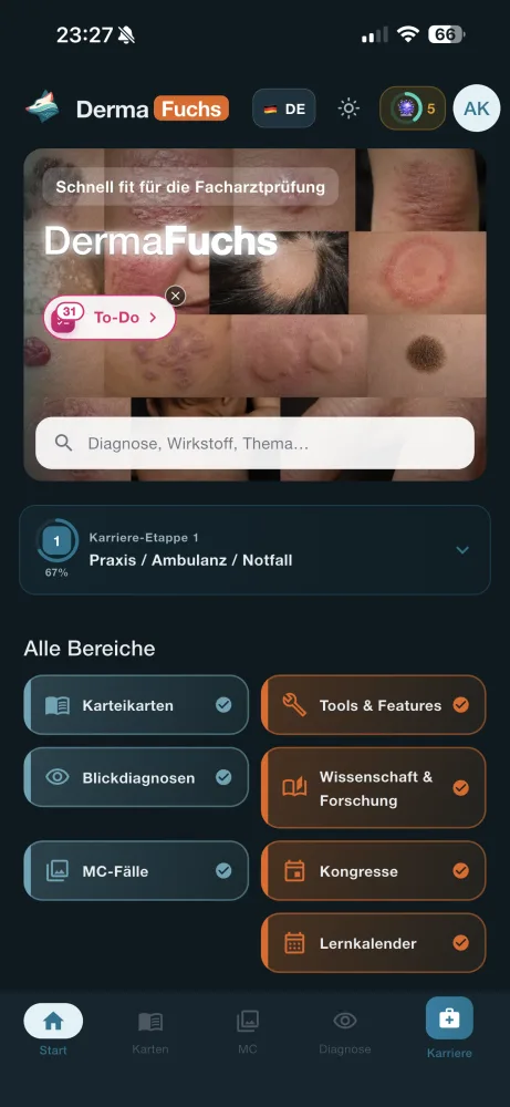 KLINIKFUCHS Startbildschirm mit Karriere-Lernpfad