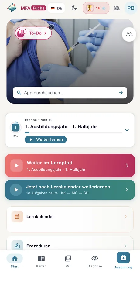 MFAFuchs Startseite mit Lernpfad und Lernkalender