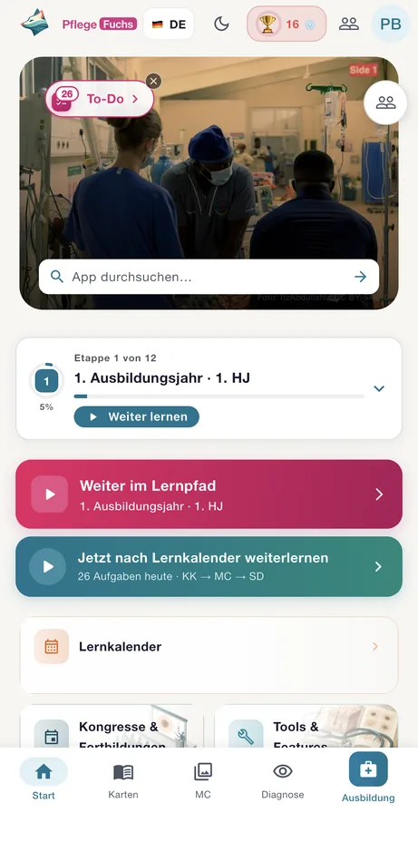 PflegeFuchs Startseite mit Lernpfad und Lernkalender