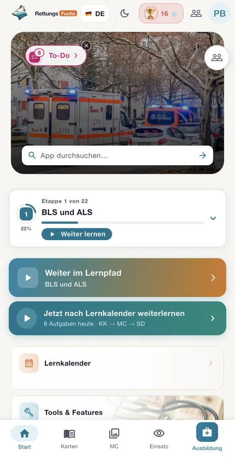 RettungsFuchs Startseite mit Lernpfad und Lernkalender