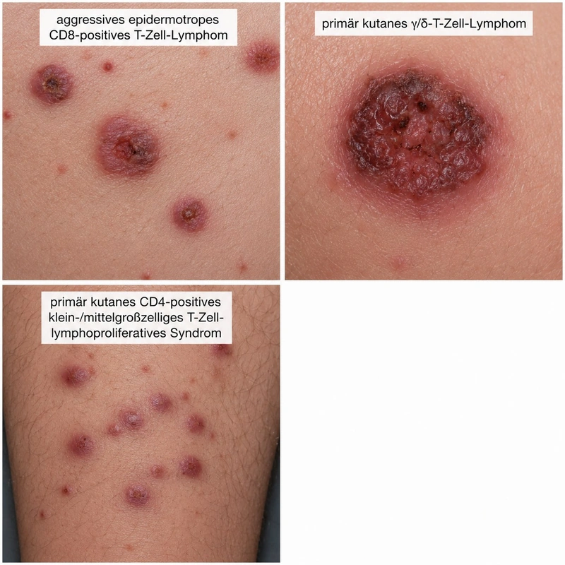 Primär kutanes aggressives epidermotropes CD8-positives zytotoxisches T-Zell-Lymphom – KI-Illustration (kein Patientenfoto): Gegenüberstellung verschiedener kutaner T-Zell-Lymphome mit erythematösen, teils ulzerierten Knoten und Plaques