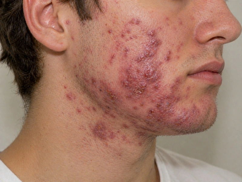 Acne fulminans: acute eruptive ulcerating acne papules with hemorrhagic crusts on the face