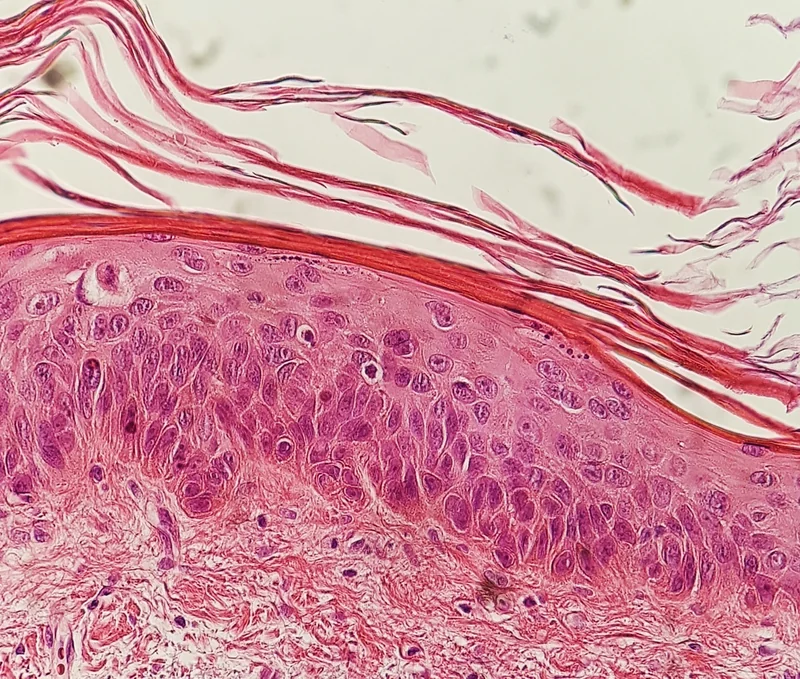 Actinic keratosis – Histology: histology (H&E): atypical keratinocytes from the basal layer extending through about half of the stratum spinosum (moderate atypia)