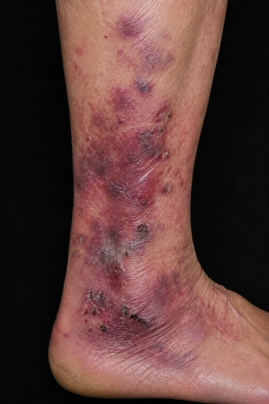 Angiosarkom der Haut: rasch progrediente livid-rote Plaque, oft am Kapillitium älterer Patienten (70-jährige(r) Patient)