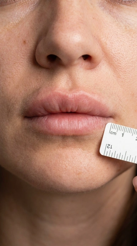 Cheilitis granulomatosa (Miescher): Ausgeprägte, teigige Schwellung der Oberlippe bei einer 35-jährigen Patientin.