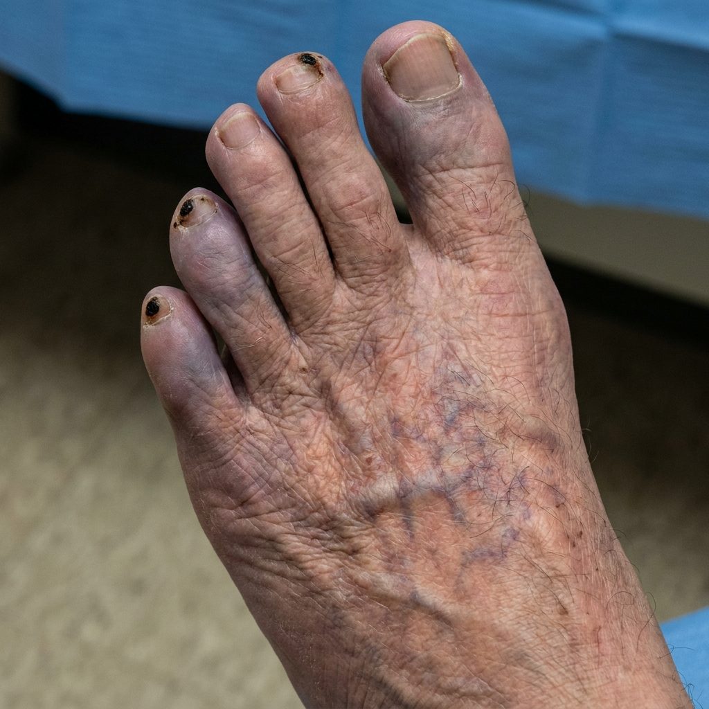 Cholesterol embolism (atheroembolism) – AI illustration (not a patient photo): Livid to blue-black discolored toes with dry necrosis of the toe tips ('blue toes') with preserved foot pulses suggesting otherwise unremarkable dorsum of the foot