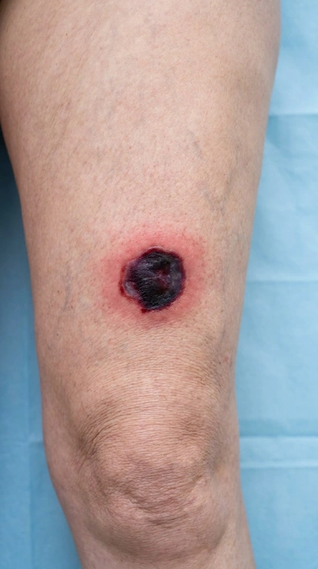 Cumarin-Nekrose (Warfarin-/Phenprocoumon-induzierte Hautnekrose) – KI-Illustration (kein Patientenfoto): scharf begrenzte dunkellivide bis schwarze hämorrhagische Hautnekrose am Oberschenkel mit umgebendem Erythem (60-jaehrige-frau, oberschenkel)