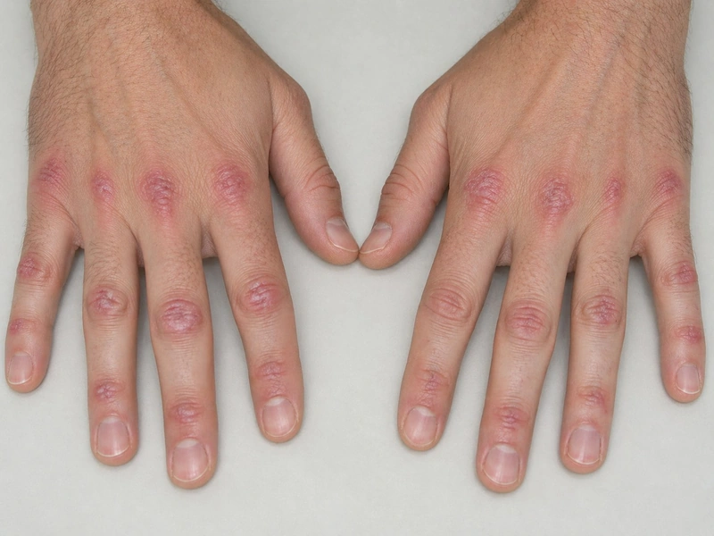 Dermatomyositis: Rötliche, erhabene Papeln über den Fingergelenken.