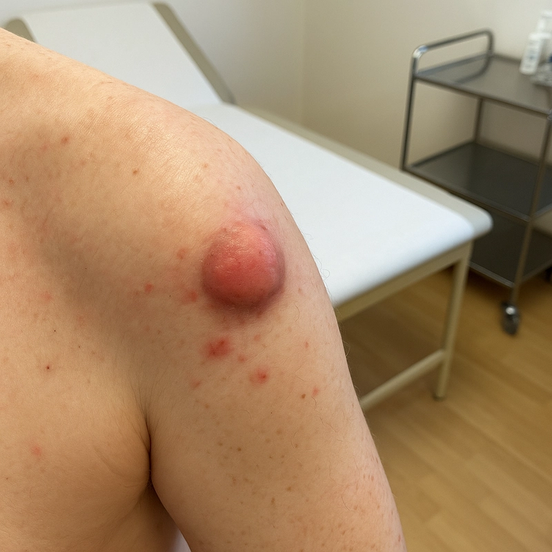 Epitheloidsarkom: Rote, erhabene, knotenartige Läsion auf der Schulter mit umgebenden kleineren roten Papeln.