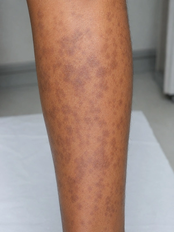 Erythema dyschromicum perstans (Ashy dermatosis) – KI-Illustration (kein Patientenfoto): graubraune Maculae mit erythematösem Randsaum (Unterschenkel)