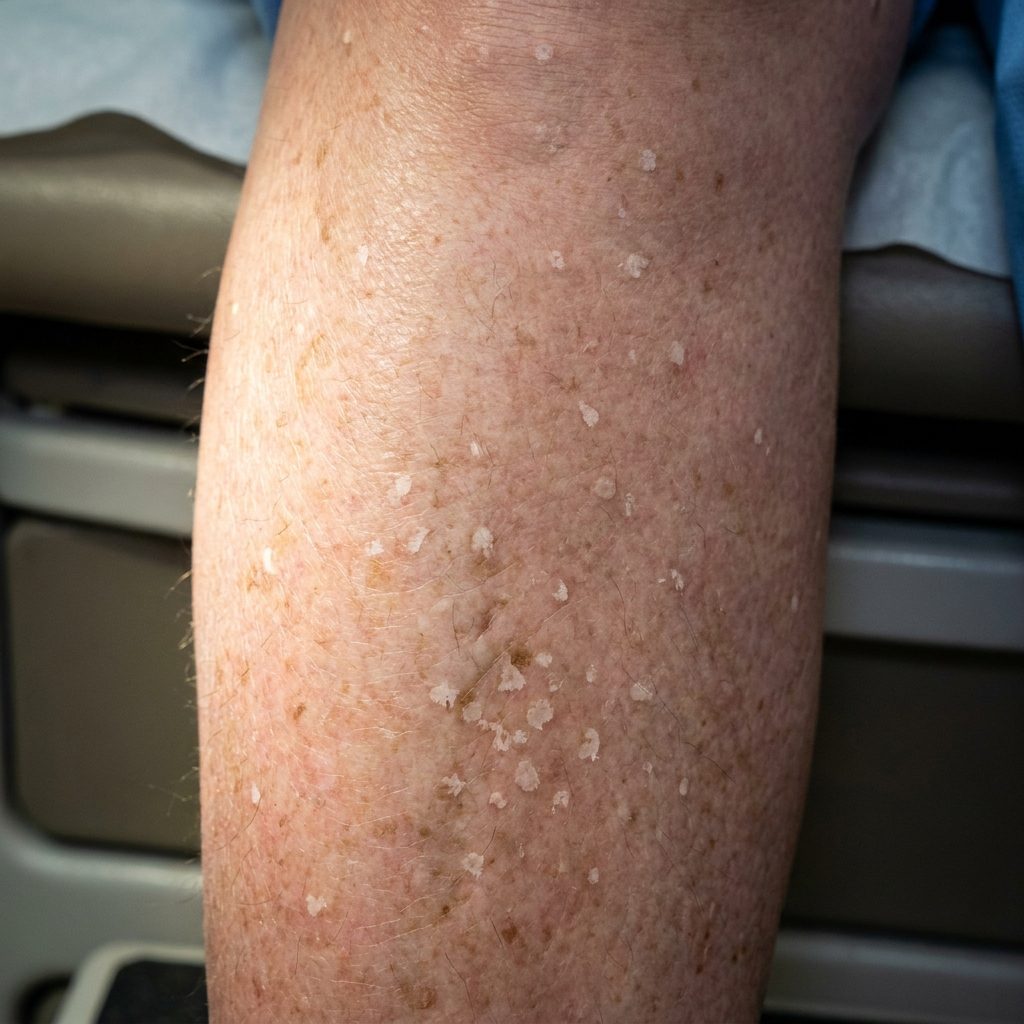 Idiopathische Hypomelanosis guttata – KI-Illustration (kein Patientenfoto): Zahlreiche kleine, scharf begrenzte, porzellanweiße Maculae von wenigen Millimetern an beiden Unterschenkeln auf chronisch lichtgeschädigter Haut