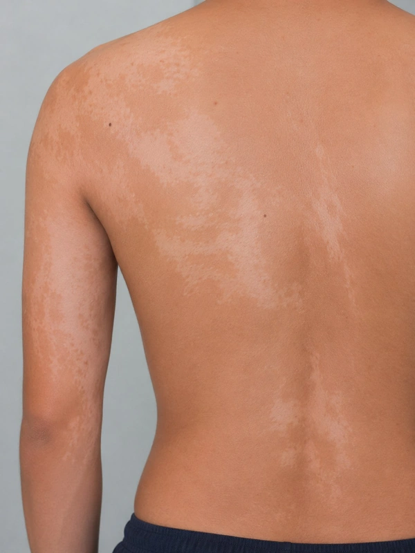 Hypomelanosis Ito (Incontinentia pigmenti achromians) – KI-Illustration (kein Patientenfoto): hypopigmentierte Streifen entlang Blaschko-Linien
