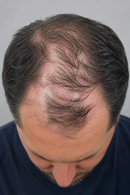 Lichen planopilaris: vernarbende Alopezie mit perifollikulärer Schuppung und Erythem.
