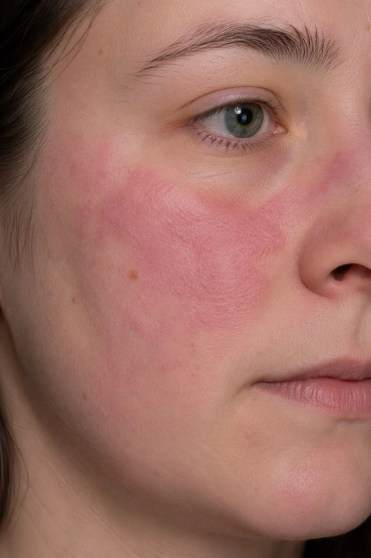 Lupus erythematodes (Schmetterlingserythem): erythematöse, lichtinduzierte Plaques (27-jährige(r) Patientin, Gesicht)