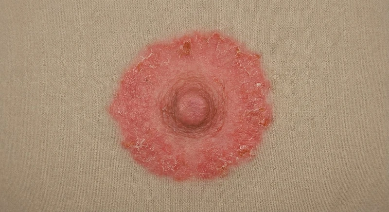 Paget disease of the nipple (mammary Paget disease) – AI illustration (not a patient photo): unilateral, well-defined, erosive-scaling and oozing erythematous plaque on the nipple and areola
