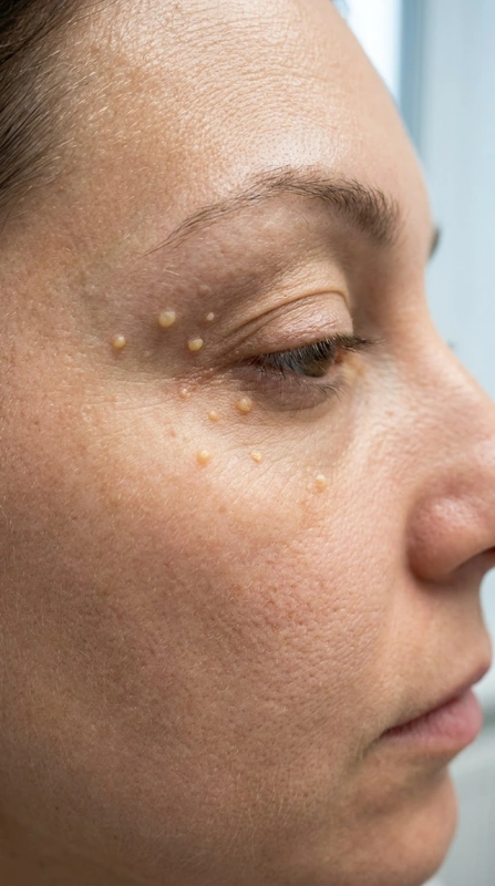 Milien (Milium): multiple kleine 1 bis 2 mm weißlich-gelbe feste epidermale Zysten periorbital und an der Wange (35-jaehrige-frau, periorbital)