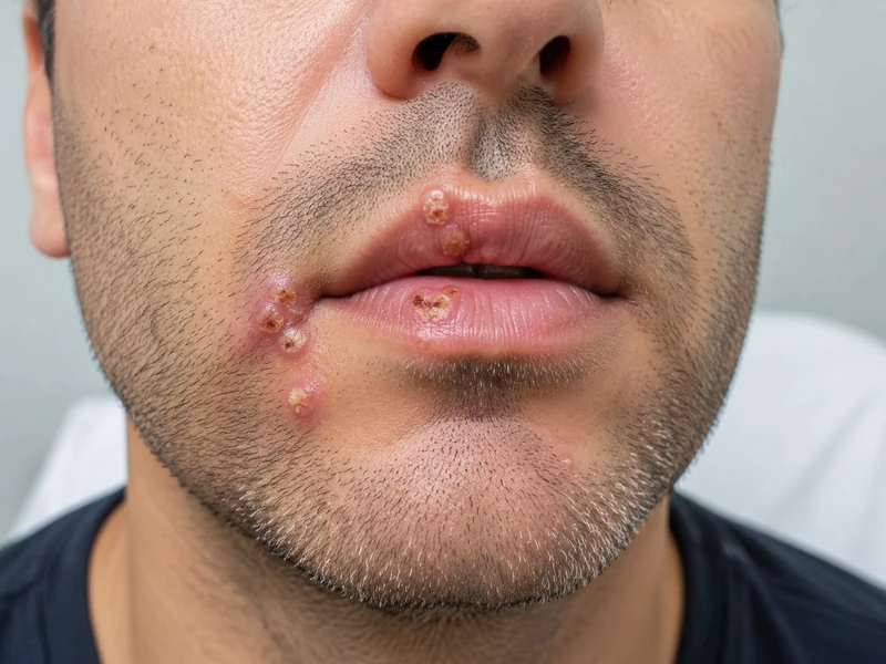 Mpox: umbilicated pustules/vesicles on the lip