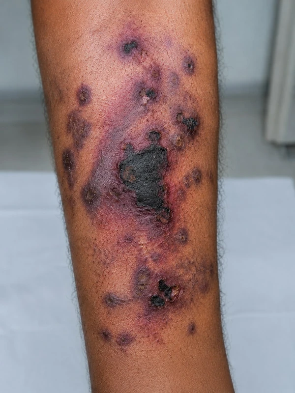 Mucormycosis – AI illustration (not a patient photo): rapidly progressive black necrosis, often rhino-orbital in immunosuppressed individuals