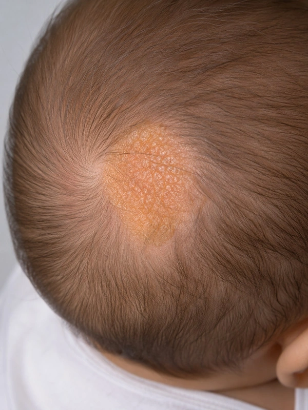 Naevus sebaceus: gelblich-orange haarlose Plaque capillitial