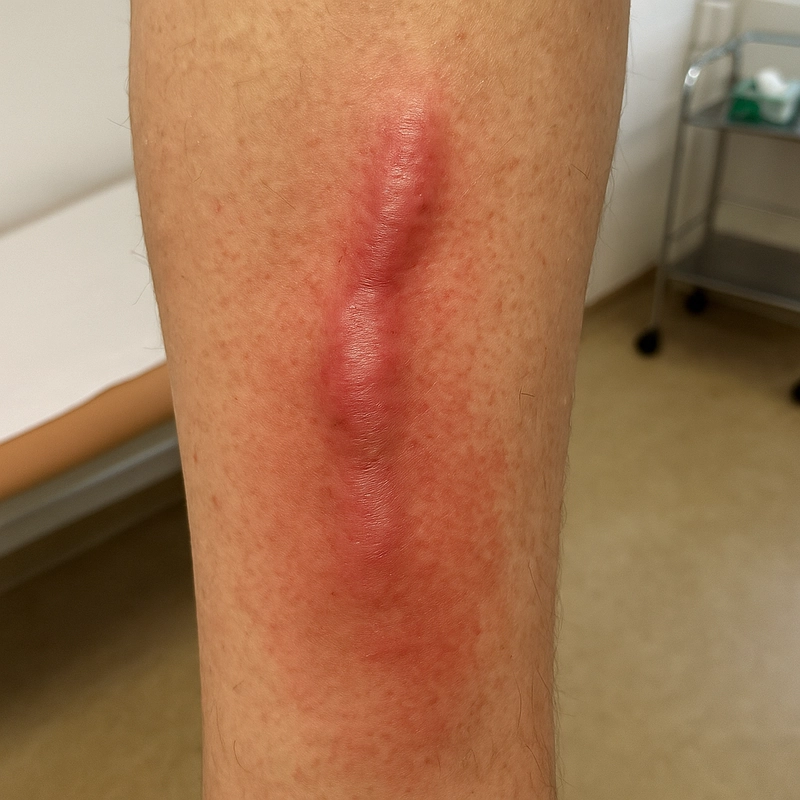 Oberflächliche Thrombophlebitis: derber, geröteter, druckschmerzhafter Strang im Verlauf einer oberflächlichen Vene