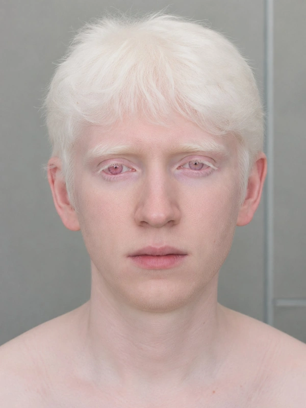 Oculocutaneous albinism – AI illustration (not a patient photo): Congenital hypopigmentation of skin, hair, and eyes (21-year-old patient, face)