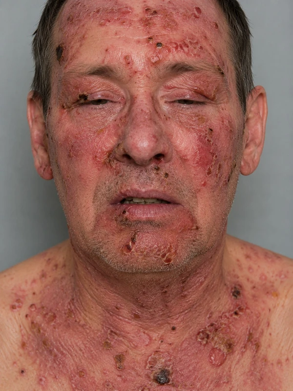 Paraneoplastischer Pemphigus: ausgeprägte, schmerzhafte erosiv-krustige Stomatitis und polymorphe, lichenoide bis bullöse Hautläsionen im Gesicht, 52-j. Mann