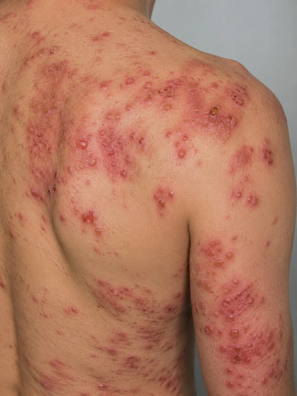 Pemphigus herpetiformis – AI illustration (not a patient photo): grouped, annular vesicles and pustules on urticarial-erythematous base with intense pruritus on shoulders and back, 55-year-old man