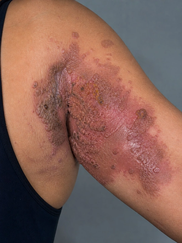 Pemphigus vegetans – KI-Illustration (kein Patientenfoto): vegetierende Plaques mit Pusteln intertriginös (45-jährige(r) Patient)
