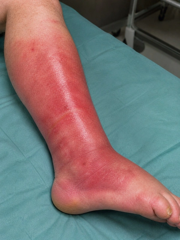 Cellulitis (phlegmon) – AI illustration (not a patient photo): poorly defined, deep soft tissue inflammation with warmth (28-year-old patient, lower leg)