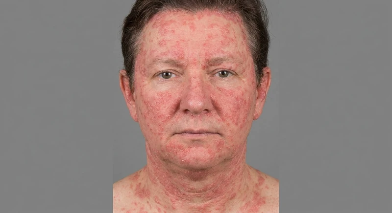 Photoallergic reaction – AI illustration (not a patient photo): disseminated, eczematous, itchy erythema with vesiculation also outside directly exposed areas