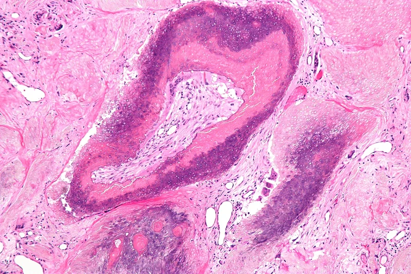 Pilomatricoma (calcifying epithelioma of Malherbe) – histology (H&E, overview): several tumour islands with eosinophilic shadow (ghost) cell areas rimmed by a basophilic border of basaloid matrical cells with fine calcification, set in …