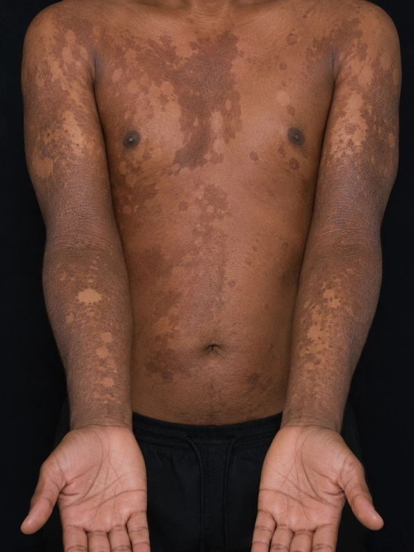 Pinta (carate) – advanced stage – AI illustration (not a patient photo): depigmented maculae in the late stage of treponematosis (40-year-old patient)