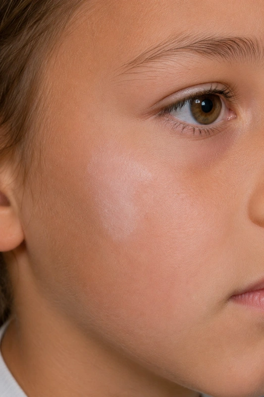 Pityriasis alba – Kind – KI-Illustration (kein Patientenfoto): feinschuppige hypopigmentierte Maculae im Gesicht (5-jährige(r) Patient, Wange)