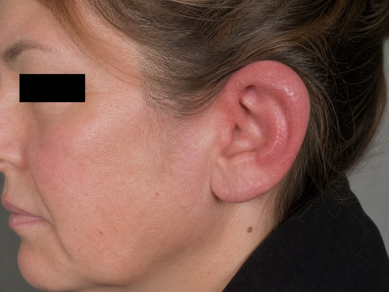 Relapsing polychondritis: livid-red painful swelling of the auricle with characteristic sparing of the lobule, 48-year-old woman