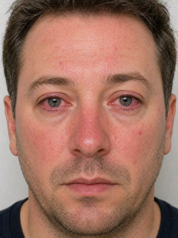 Rosazea (Rosacea): beidseitige konjunktivale Injektion mit Blepharitis, Lidrandverdickung und begleitendem zentrofazialem Erythem mit Teleangiektasien, 38-j. Mann