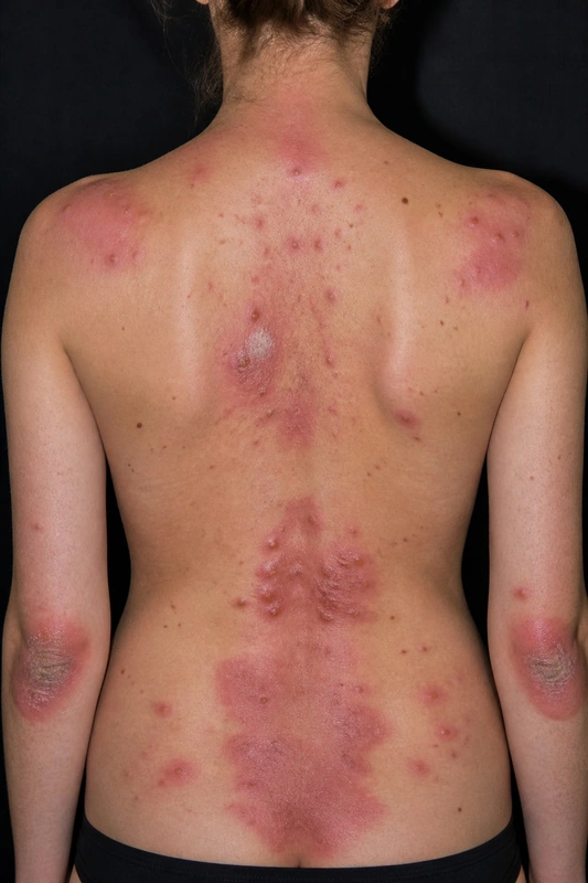 SAPHO syndrome – AI illustration (not a patient photo): Synovitis, Acne, Pustulosis, Hyperostosis, Osteitis (17 years old)