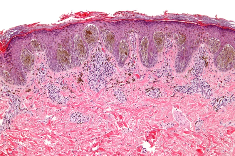 Spitz-Nävus (Spindel- und Epitheloidzellnävus) – Histologie (HE), Übersicht: symmetrische, oberflächlich begrenzte junktionale melanozytäre Proliferation mit stark pigmentierten Nestern in den Spitzen verlängerter Reteleisten, …