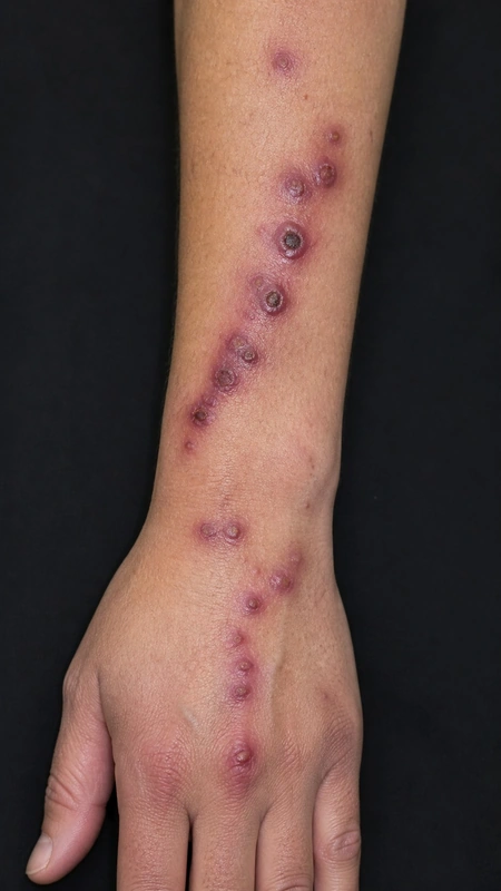 Sporotrichose: lymphangitisch aufsteigende Knoten/Ulzera (40-jährige(r) Patientin, Unterarm)