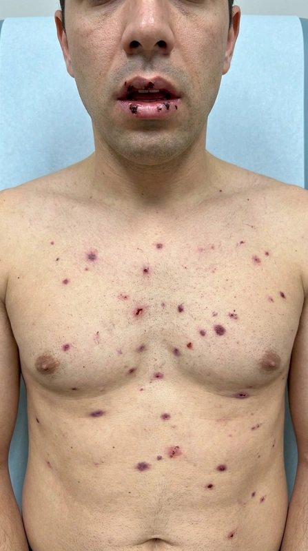 Stevens-Johnson-Syndrom: dunkelrote bis livide Maculae und Erosionen am Stamm mit hämorrhagisch-krustigen Lippen und Schleimhautbeteiligung weniger als 10 Prozent Hautablösung (35-jaehriger-mann, stamm und gesicht)