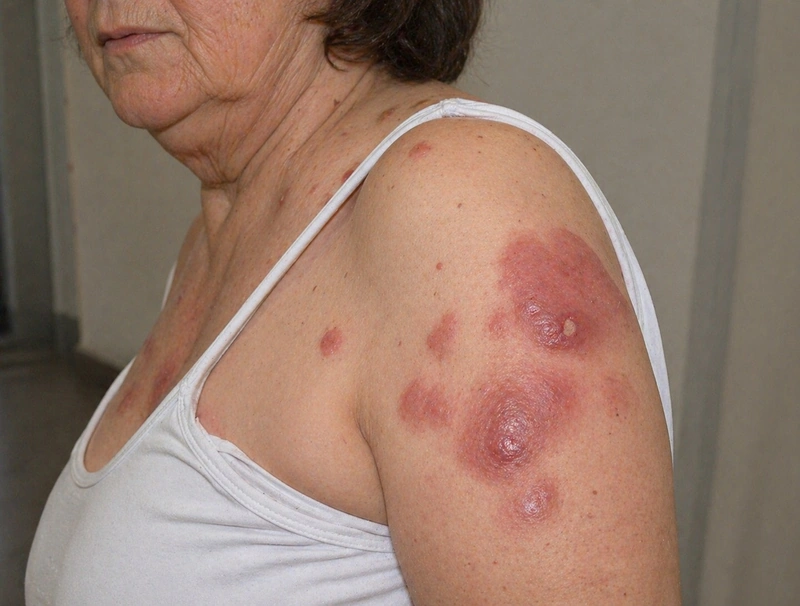 Sweet-Syndrom (akute febrile neutrophile Dermatose): schmerzhafte erythematöse Plaques am Schulterbereich, paraneoplastisch v.a. bei AML/MDS