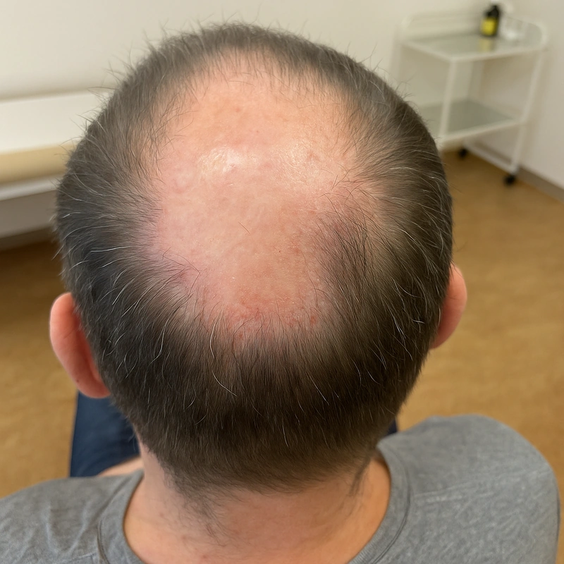 Vernarbende Alopezien: Glatze mit zentraler Rötung und Haarausfall am Hinterkopf.