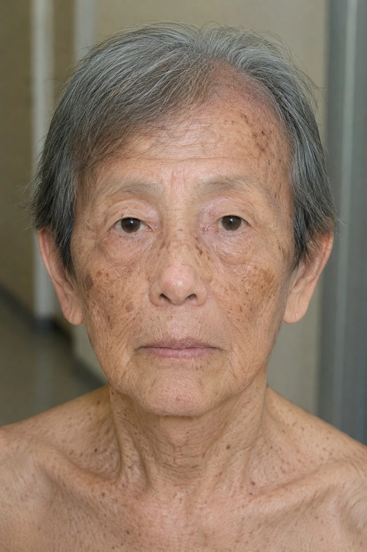 Werner syndrome (adult progeria) – AI illustration (not a patient photo): premature aging: cataracts, sclerodermiform skin, diabetes, hypogonadism (male)